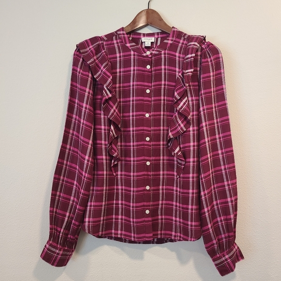 J Crew Plaid Ruffle Button Front Burgundy Shirt - Picture 1 of 4